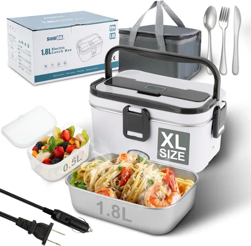 Vista 9 de SOHIDA Fiambrera eléctrica, calentador de alimentos portátil de 12 V/24 V/110 V con tenedor SS y cuchara para coche/camión/oficina, lonchera Negro