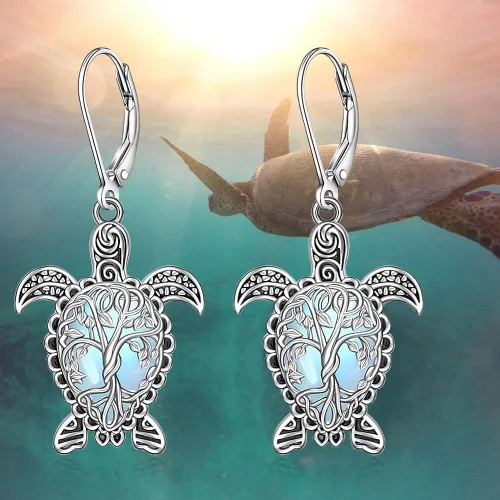 Vista 7 de Aretes de gato con piedra lunar, árbol de la vida, tortuga, colibrí, aretes para mujer, plata de ley, dragón y mariposa, colgantes, regalos