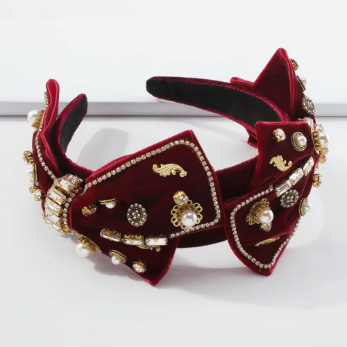 Vista 2 de YARN & INK Cintas para el cabello de mujer con perlas barrocas de terciopelo y lazo de strass, estilo retro vintage hecho a mano, elegante accesorio