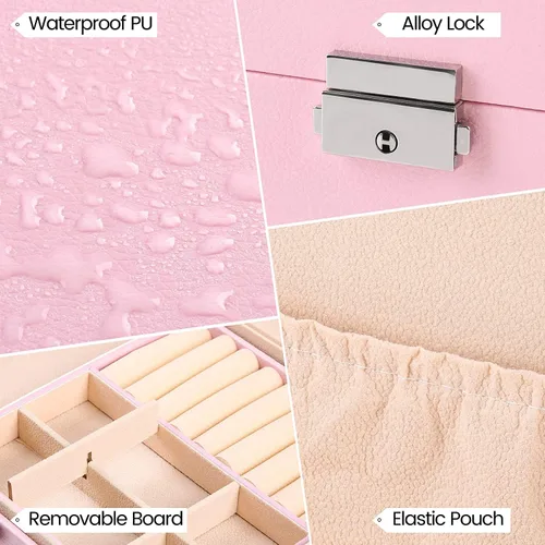 Vista 4 de Joyero organizador para mujeres y niñas, 2 capas grandes para hombre, estuche de almacenamiento de joyas de piel sintética con bandeja extraíble