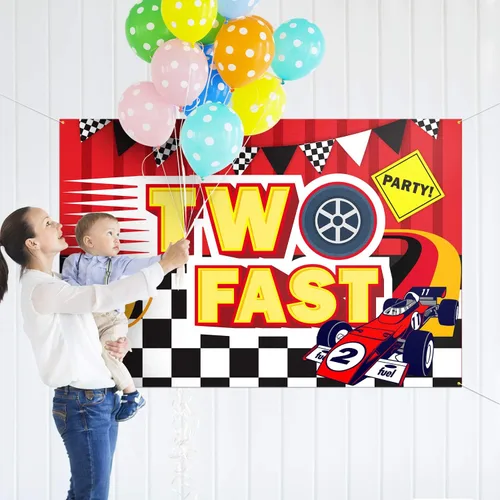 Vista 6 de Fondo de pancarta de fondo de dos rápidos, decoración de cumpleaños de coche de segunda carrera, suministros de fiesta para niños, 3.9 x 5.9 pies