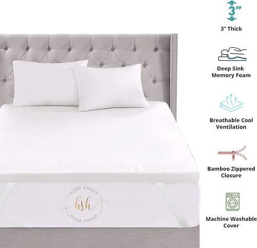 Vista 6 de Home Sweet Home - Cubrecolchón de espuma viscoelástica de 3 pulgadas con revestimiento acolchado de bambú hipoalergénico extraíble para un fácil