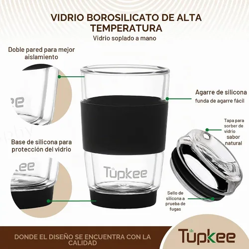 Vista 2 de Vaso de vidrio de doble pared, 8 onzas, vaso de té/café aislado y reutilizable hecho completamente de vidrio soplado a mano con tapa, taza de viaje