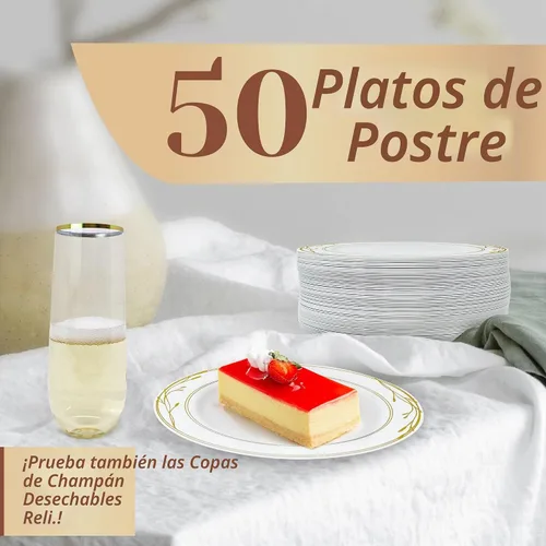 Vista 2 de Reli. Platos de plástico desechables, borde blanco/dorado, 50