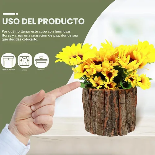 Vista 2 de Yardwe Centros de mesa rústicos para mesas, 3 piezas, macetas con diseño de corteza de madera de 3.9 pulgadas para suculentas, flores sintéticas