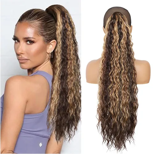 Vista 8 de Extensión de cola de caballo larga y rizada para mujeres/niñas, 26 pulgadas de alto, con cordón, extensiones de cabello con clip, extensiones