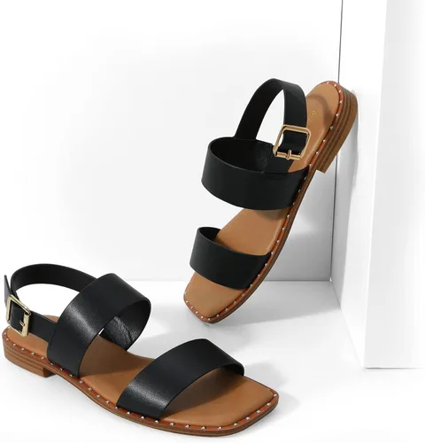 Vista 2 de DREAM PAIRS Sandalias planas de verano para mujer, casuales, elegantes, cómodas, sexy, con puntera cuadrada, a la moda, con tiras de una banda