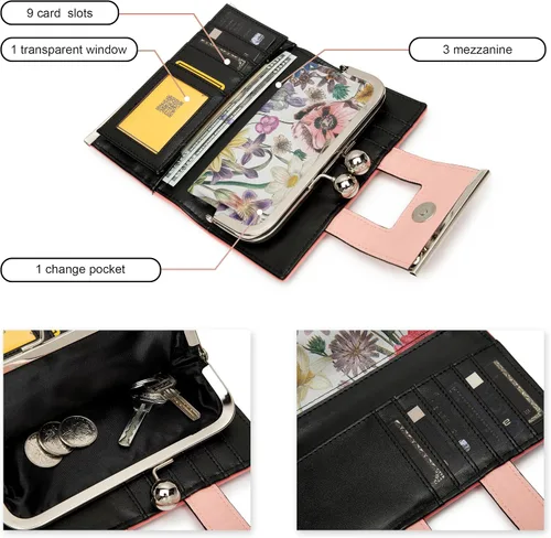 Vista 5 de Cartera de cuero para mujer de gran capacidad, cartera larga de gran capacidad, con ranuras para 10 tarjetas y clips