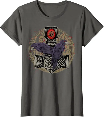 Vista 8 de Thors Hammer Mjolnir Huginn and Muninn Odin Raven - Camiseta, Negro, S