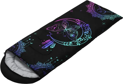 Vista 3 de HOSIMA Saco de dormir bohemio con diseño de mariposa para adultos, para clima frío y clima cálido, saco de dormir para niños, para camping