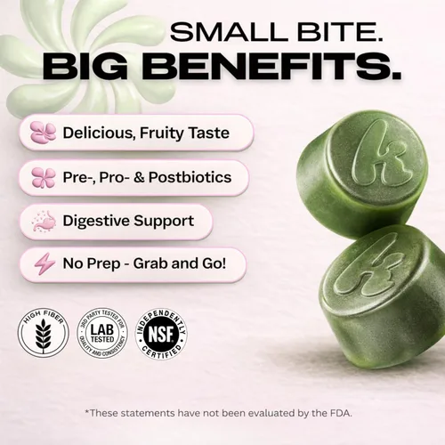 Vista 4 de Kiala Nutrition Super Greens Gomitas con 11x Verduras Orgánicas, Pre, Post y Probióticos, Antioxidantes Suplemento de Fibra Gomosa Superalimento