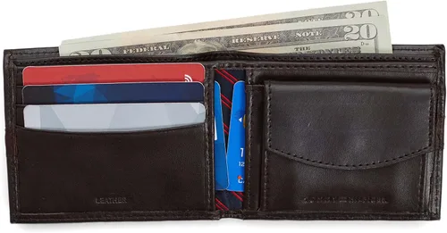 Vista 4 de Tommy Hilfiger Billetera plegable delgada de cuero para hombre con bolsillo para monedas