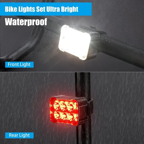 Vista 8 de 2 luces para bicicleta, luces delanteras y traseras, juego de luces de bicicleta recargables por USB, 6+12 modos, luces impermeables IPX4