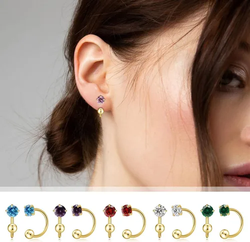 Vista 4 de Pequeños aretes de piedra natal natural de 0.118 pulgadas para mujeres, adolescentes y niñas, pequeños aretes de medio aro para cartílago