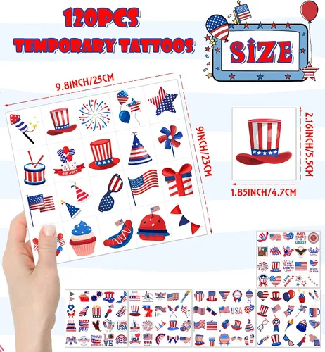 Vista 2 de HSHFAMIIY Trajes para mujer del 4 de julio, tatuajes temporales del 4 de julio, 120 tatuajes patrióticos de bandera de Estados Unidos, bandera