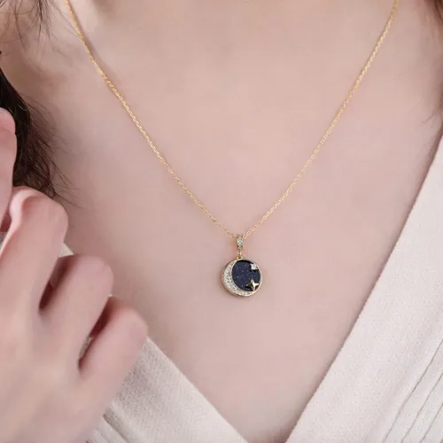 Vista 3 de Luna+ Collar con colgante de plata de ley 925 con media luna y media luna, circonita cúbica para mujeres y niñas, Plata esterlina, Circonia cúbica