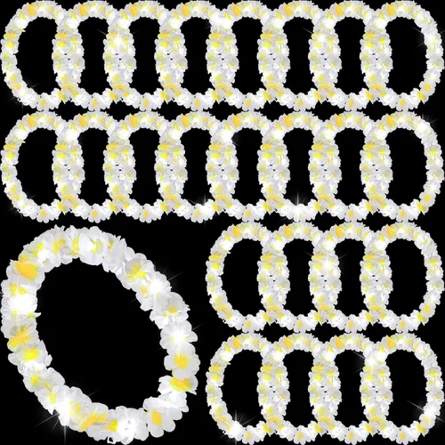Vista 31 de Sherr 24 piezas de collares de flores hawaianas con luces LED para boda, luces LED para luau, collares de flores hawaianas para playa, carnaval