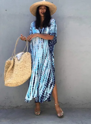 Vista 3 de RanRui - Vestido tipo caftán para mujer, de talla extragrande, con estampado de rayas, teñido anudado, cuello en V, holgado y suave