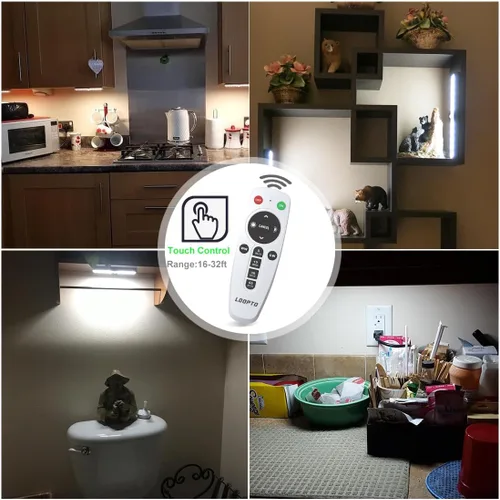 Vista 2 de LDOPTO - Luces para debajo del gabinete inalámbricas, paquete de 4 unidades, luces recargables accionadas a pila con control remoto, luces LED