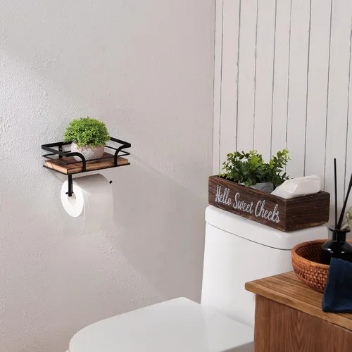 Vista 8 de Soporte de papel higiénico rústico de granja con estante – Decoración rústica de baño de granja – Accesorios de baño rústicos con estante de madera