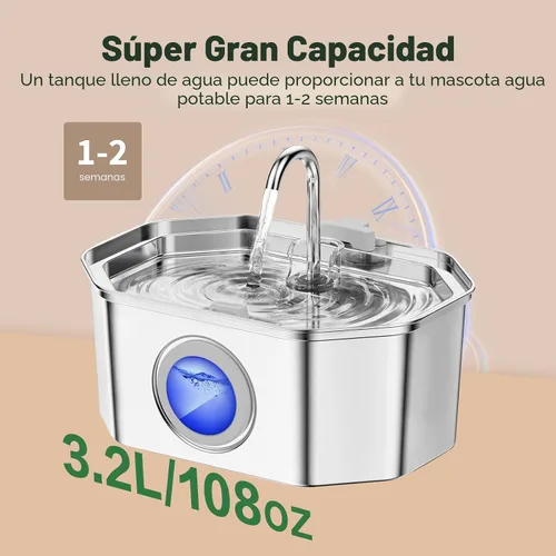 Vista 5 de Fuente de Agua para Gatos de Acero Inoxidable 108oz/3.2L, APAUK Fuente Automática para Mascotas Dispensador de Agua con Ventana de Nivel de Agua