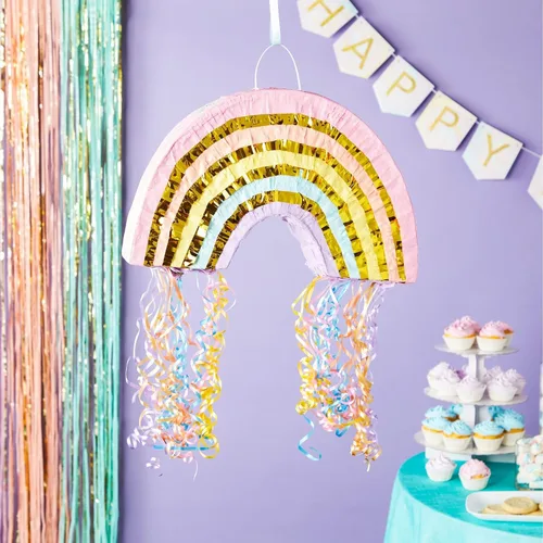 Vista 2 de BLUE PANDA Pull String Rainbow Pinata - Small 16.5 x 10 x 3 In Pastel - Mini Birthday Pinata for Rainbow Birthday Decor