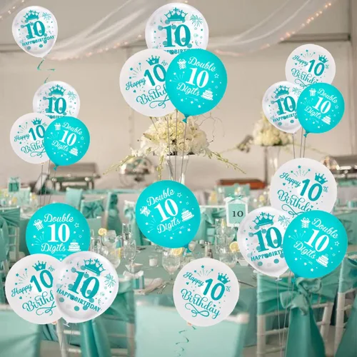 Vista 4 de Globos de cumpleaños número 10, paquete de 45 decoraciones de cumpleaños de dos dígitos, color turquesa, juego de globos de látex azul y blanco
