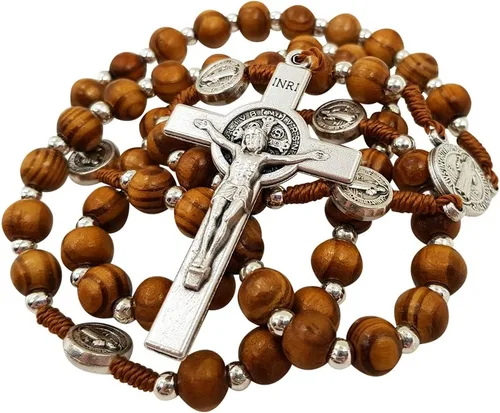 Vista 2 de TALISMAN4U Rosario de madera de olivo collar católico Medalla de San Benito Crucifijo Crucifijo Jerusalén Cruz Caja de regalo