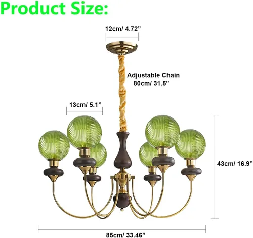 Vista 5 de Candelabro de globo de cristal verde con 6 luces, lámpara colgante moderna de mediados de siglo, lámpara colgante Art Deco para comedor, cocina