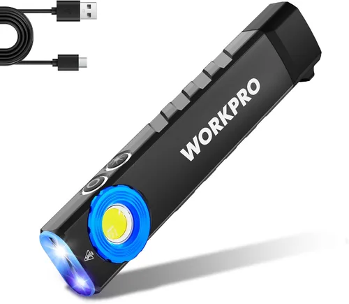 Vista 9 de WORKPRO linterna recargable de trabajo, linterna de bolsillo plana de 600 lúmenes con luz UV, base magnética y clip, linterna LED EDC delgada