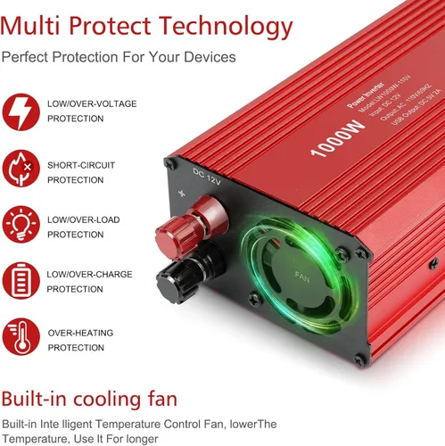 Vista 2 de Fancy Buying Inversor de corriente de 1000 W/2000 W (pico) para vehículos, convertidor de CC de 12 V a 110 V CA con dos salidas de CA y cargador