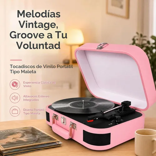 Vista 7 de Vintage Suitcase - Tocadiscos portátil Bluetooth de 3 velocidades con altavoces integrados, para discos de vinilo de 7/10/12 pulgadas (rosa)