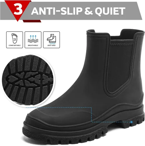 Vista 4 de Botas de lluvia para mujer, cómodos botines elásticos para adultos, botas Chelsea de tacón medio a la moda, impermeables, antideslizantes, suela