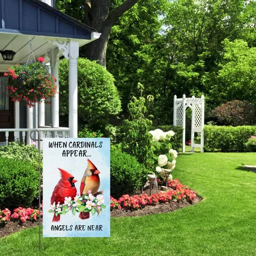 Vista 8 de Bandera de jardín cardenal When Cardinals Appear Angels Are Near Memorial Yard Flag 12x18 pulgadas de doble cara floral de pájaros rojos bandera