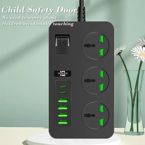 Vista 6 de Regleta protectora de sobretensiones de 3 tomas, regleta de alimentación de 3000 W, protector de sobretensiones de 78.7 pulgadas, enchufe