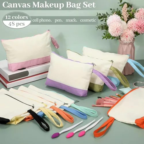 Vista 4 de Silkfly Bolsas de maquillaje de lona de algodón con cremallera cosmética de 10.2 x 5.5 x 2 pulgadas, bolsa de bricolaje en blanco a granel