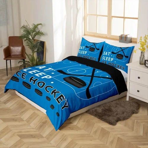 Vista 5 de Erosebridal Hockey Twin Duvet Cover for Boys,Blue and Black Sports Bedding Sets for Kids Teen,Ball Games Gamer Bed Set,Ice Hockey Field Quilt Cover