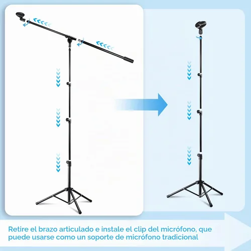 Vista 4 de Paquete de 2 soportes para micrófono, soporte de micrófono trípode Bietrun con altura de boom ajustable, con bolsa de transporte y clips