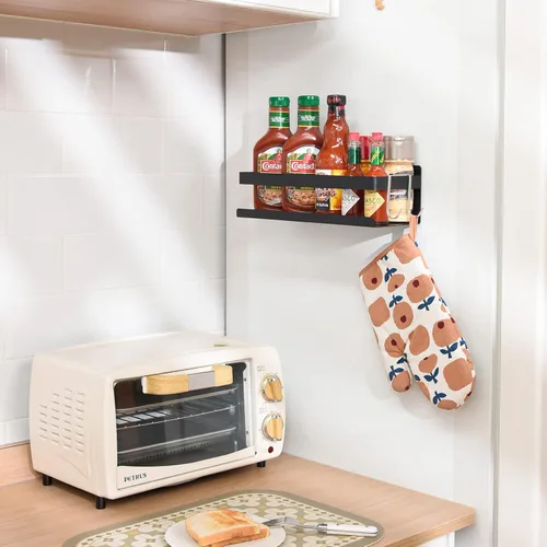 Vista 2 de Estante de especias para refrigerador, cocina, hogar, organización y almacenamiento adhesivo (paquete de 2, negro)
