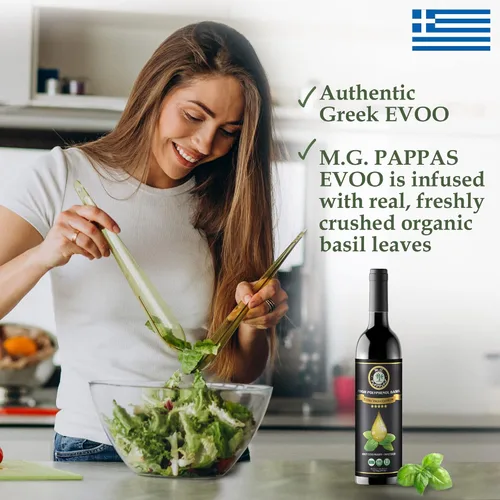 Vista 4 de M.G. PAPPAS Aceite de oliva extra virgen infundido con albahaca rico en polifenoles - Aceite de oliva griego prensado en frío y sin filtrar - Alto