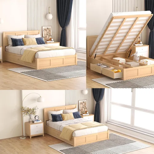 Vista 6 de Cama de plataforma de almacenamiento de tamaño matrimonial, con cajones de cabecera y soporte de listones de madera, base de cama de plataforma