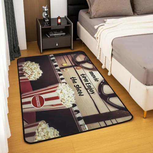 Vista 4 de Homewish Alfombra antideslizante de cine de teatro, alfombra de película retro con palomitas de maíz para interiores, alfombra de entrada, noche