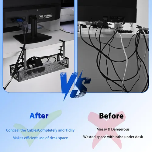 Vista 5 de Bandeja de Gestión de Cables para Debajo del Escritorio Pequeña – Organizador de Cables con Soporte de Abrazadera y Gestión de Cables para Debajo