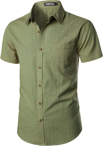 Vista 2 de ZEROYAA Camisas de lino y algodón ajustadas para hombre, de manga corta, con botones, ligeras, para la playa, con bolsillo