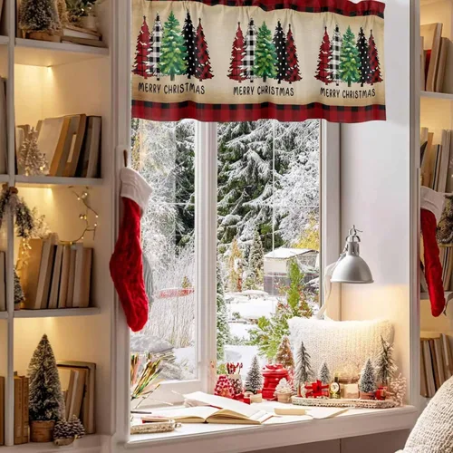 Vista 3 de Cortina de cenefas para cocina, cafetería, cenefa retro para ventana de árbol de Navidad, 1 panel, cortinas cortas de 42 x 12 pulgadas, bolsillo