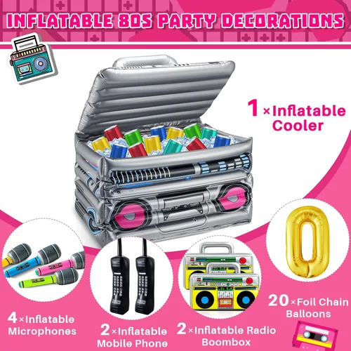 Vista 3 de Cunhill 29 piezas de decoraciones de fiesta de los años 80 y 90 incluyen caja inflable Boom Box, enfriador de bebidas, 20 globos de cadena de papel