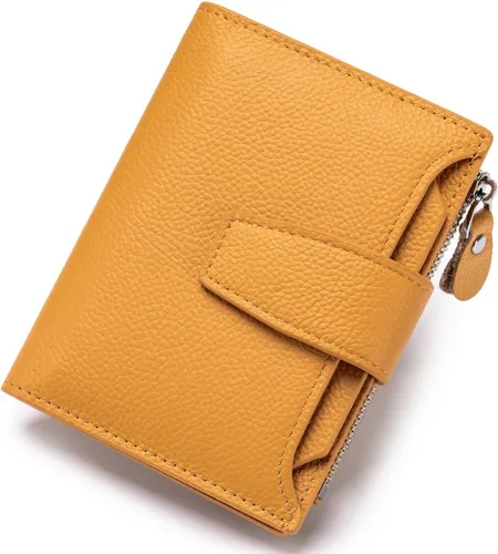 Vista 9 de Cartera de piel plegable con bloqueo RFID para mujer, tarjetero compacto con bolsillo con cremallera para monedas y 4 ventanas de identificación