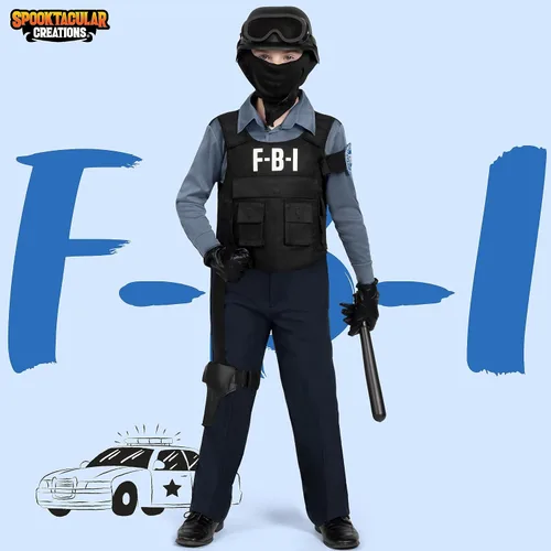 Vista 2 de Spooktacular Creations Disfraz de policía para niños, disfraz de policía del FBI, disfraz de Halloween, juegos de rol y fiesta de juego de simulación