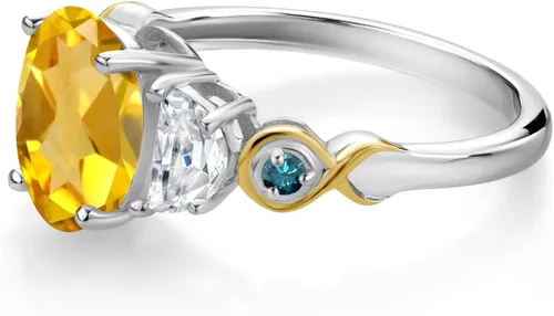 Vista 3 de Anillo ovalado de 3 piedras de plata 925 y oro amarillo de 10 quilates, citrino amarillo y piedra gema, moissanita creada King (2.01 quilates)