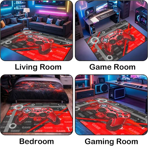 Vista 4 de Alfombra de suelo con estampado de videojuegos 3D para niños, alfombra pequeña roja para dormitorio, tapete de piso para habitación de niños